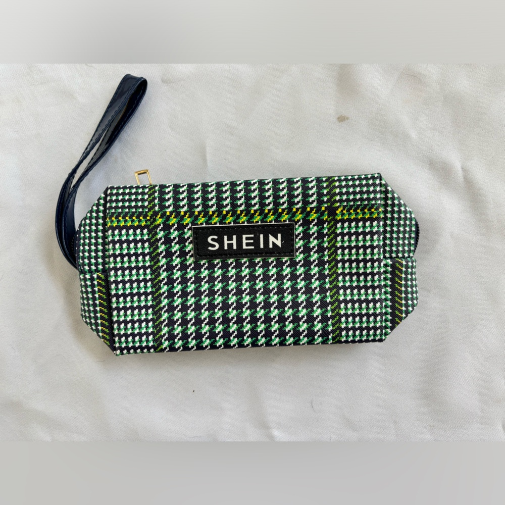 Shein Classic Cosmetic Case/Wristlet in Blue/Green Houndstooth Sz OS